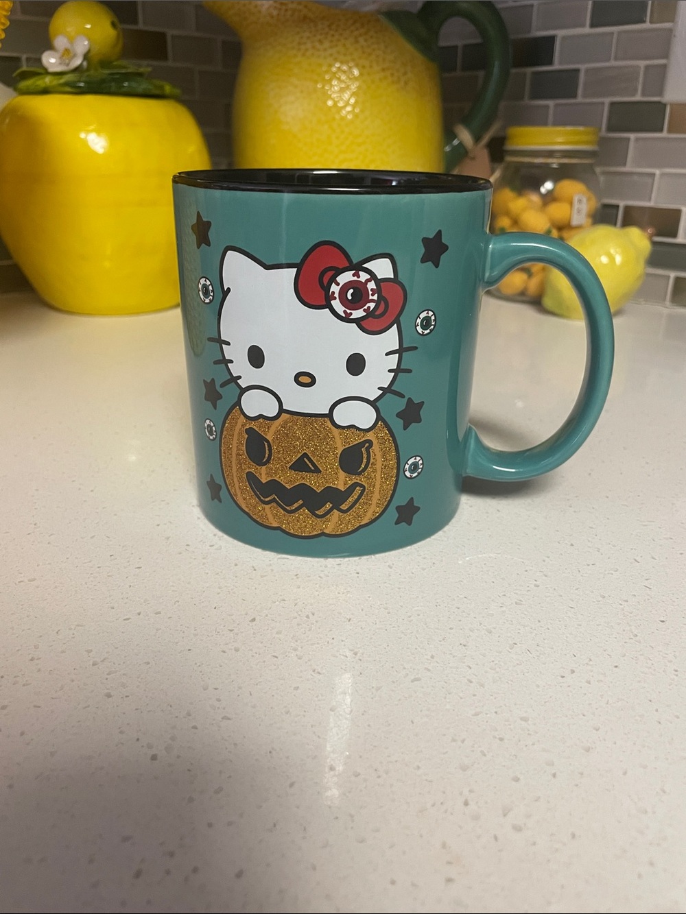 Hello Kitty Teal Halloween Mug with Glitter Pumpkin
